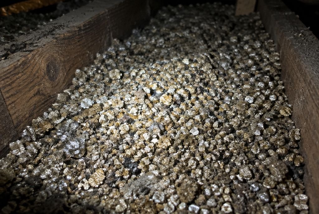 Loose pebbly grey brown vermiculite insulation between attic joists, lit by a flashlight