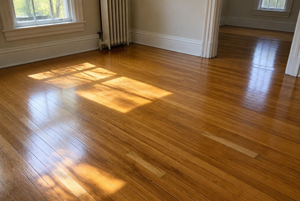 A freshly refinished original narrow strip oak floor with a few patched boards that blend in