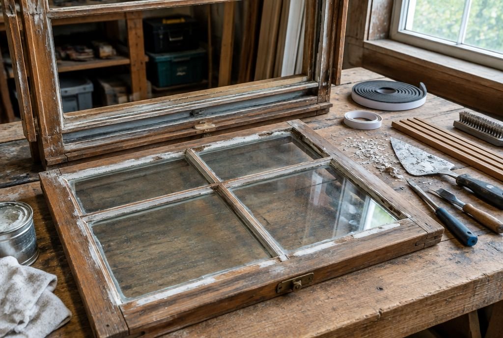 An original wood double hung window sash on a workbench with old glazing putty scraped and new weatherstripping laid out