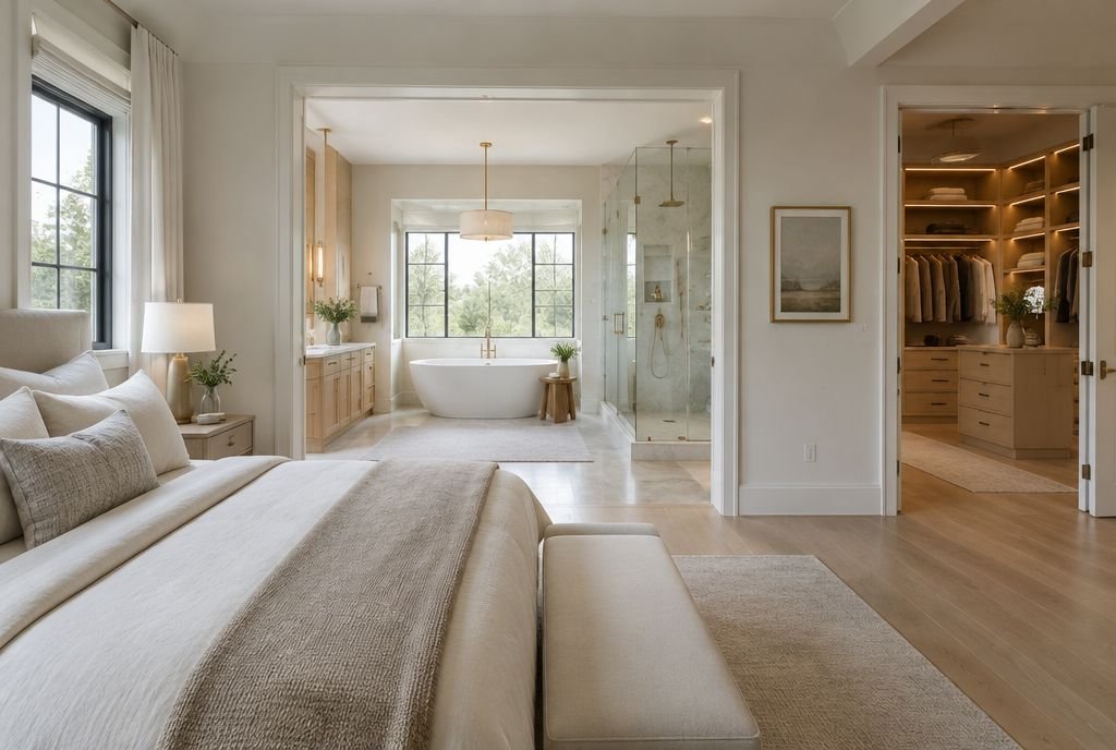 A calm primary bedroom opening to a spa ensuite with a freestanding tub and a lit walk-in closet
