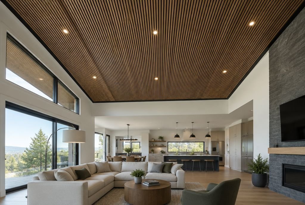 A high living room ceiling finished in wood slat acoustic panels over black felt, with recessed lights
