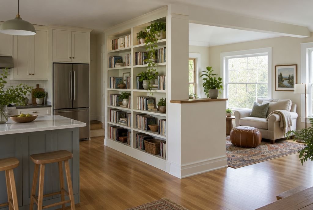 A double sided bookshelf and a short partial wall separating a kitchen from a reading nook in an open plan home