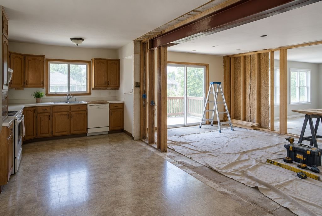 A kitchen mid-renovation with dated oak cabinets on one side and an opened wall with new framing and a beam on the other