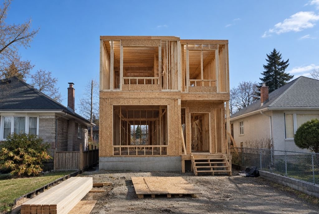 New wood framing for a two storey infill house between older bungalows on an inner city lot