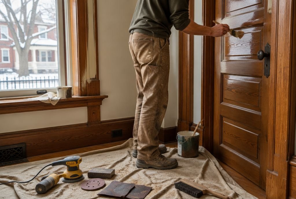 Restored original wood window trim and a panel door in an early 1900s house, with sanding tools on a drop cloth