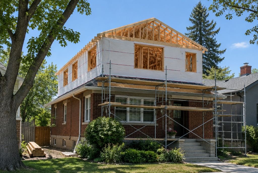 A Calgary bungalow partway through a second-storey addition, with new framing on the original house