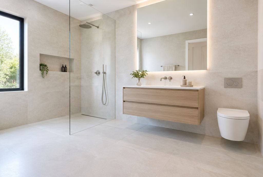 A small bathroom with a curbless shower, single glass panel, large pale tile and a floating vanity