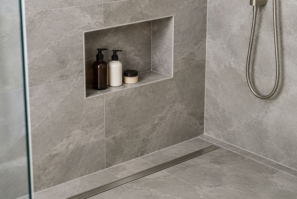 A recessed tiled shower niche with mitred edges and a linear drain in the floor