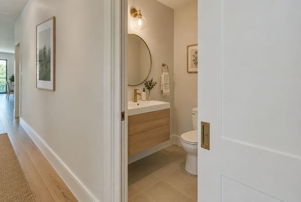 A pocket door half open into a small powder room with a floating vanity