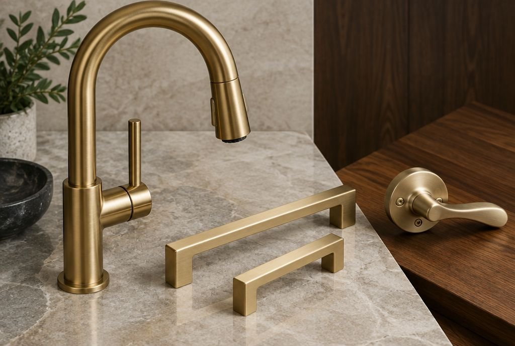 A solid brushed brass faucet and heavy cabinet pulls on stone and wood