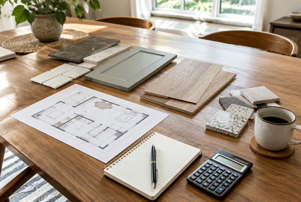 Material samples, a floor plan and a calculator on a dining table during renovation planning