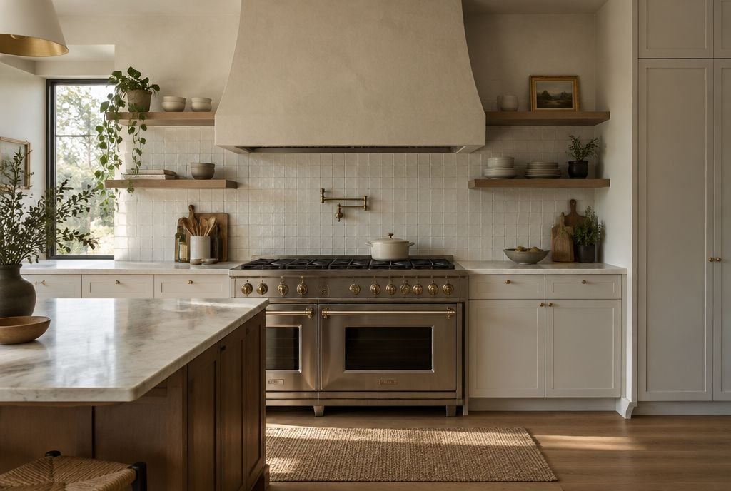 A kitchen where a professional range and plaster hood are the focal point, paired with simple tile and cabinets
