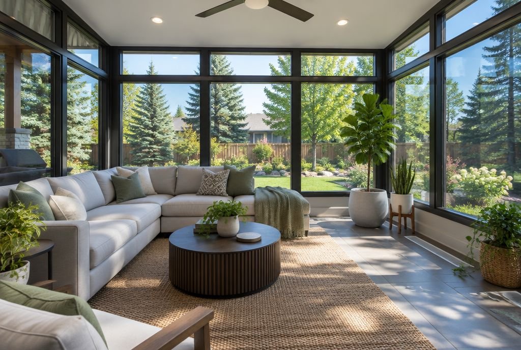 A bright four-season sunroom with black-frame windows on three sides, a sofa and plants