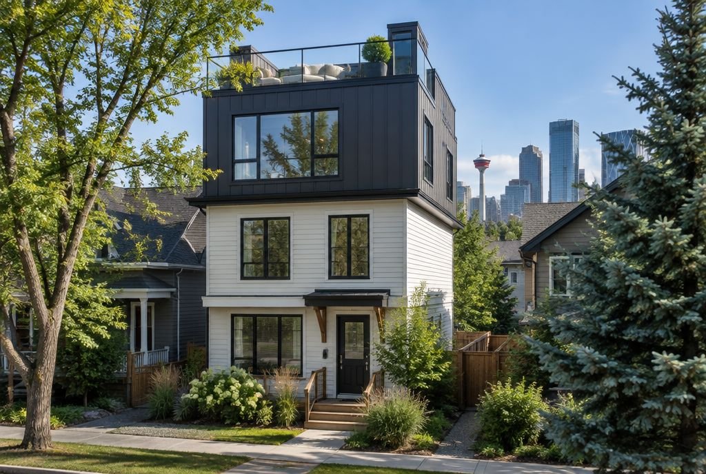 An inner-city Calgary home with a new third storey clad in dark panels above the original two floors