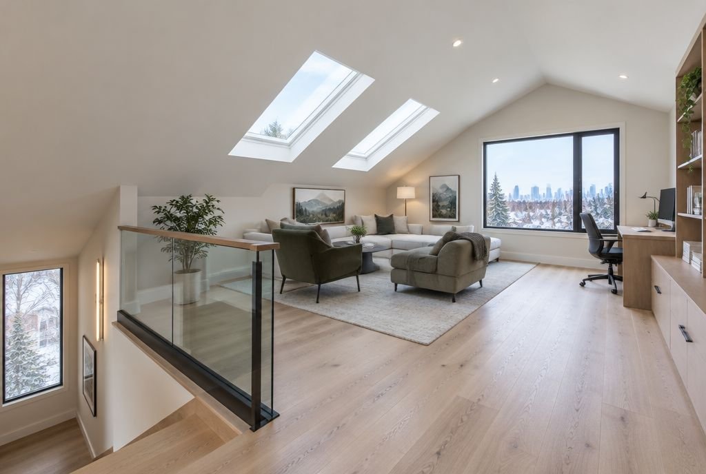 A bright third-floor family room and office under a sloped ceiling with skylights and a glass stair railing