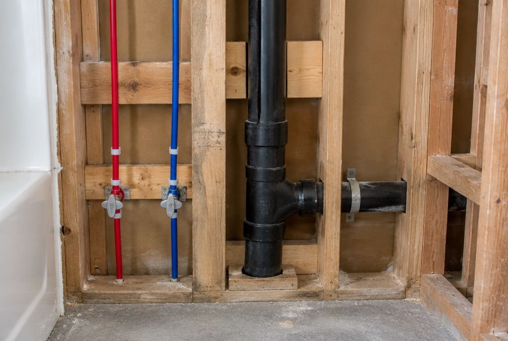 An opened bathroom wall showing a black plastic drain and vent stack and red and blue water lines with shutoff valves