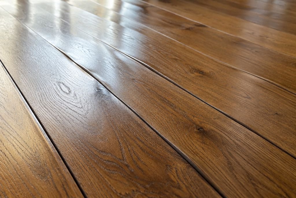 A hardwood floor in winter showing small even gaps between the boards