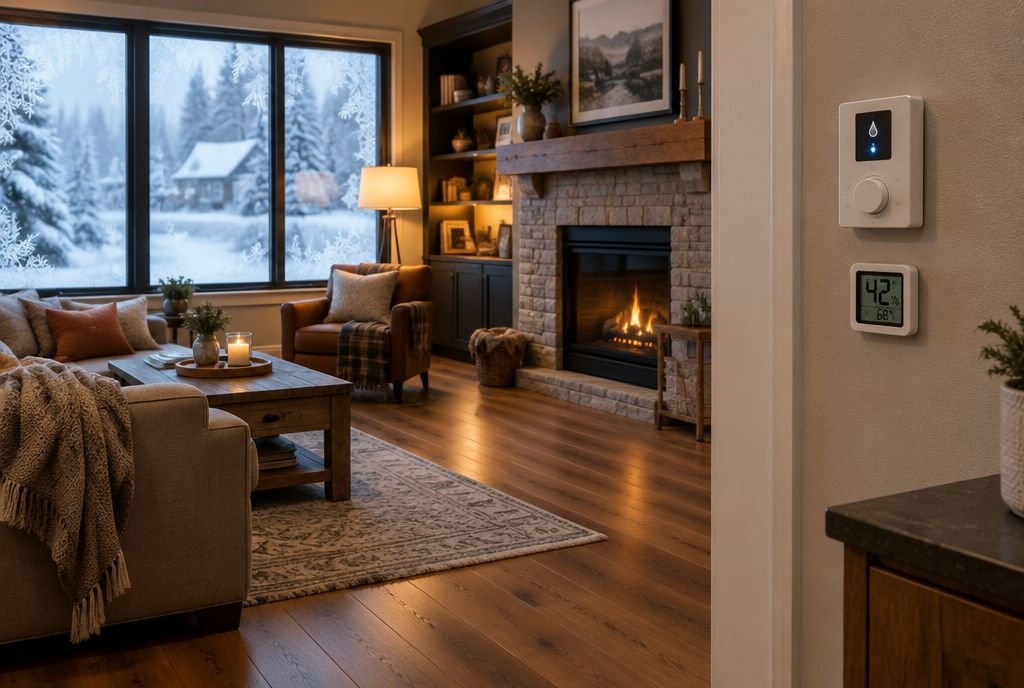 A cozy living room in winter with frost on the windows and a humidistat and hygrometer on the wall