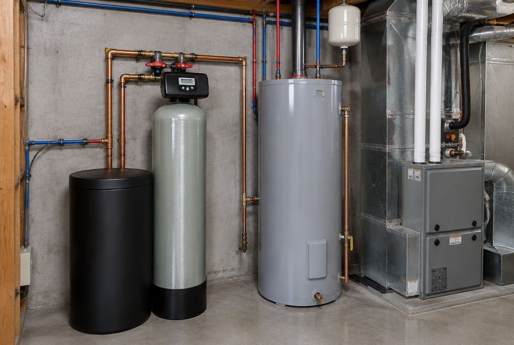 A water softener and brine tank installed next to a water heater and furnace in a basement mechanical room