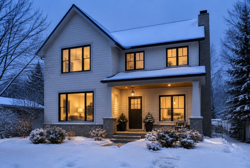 A renovated two-storey house in winter with new black-frame windows glowing at dusk