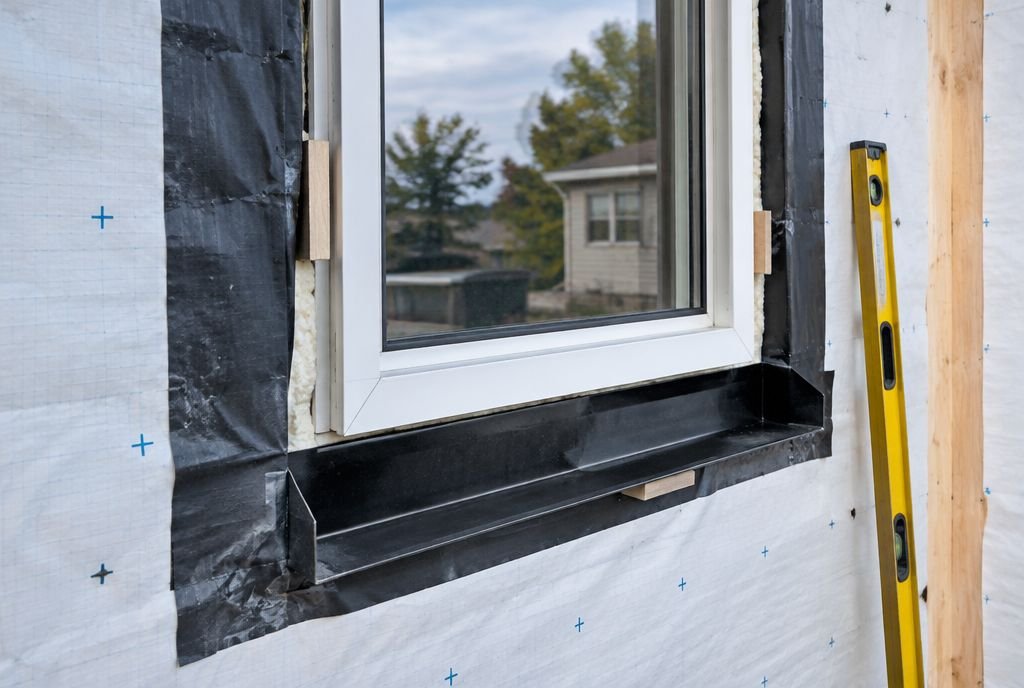A new window being installed with a sill pan, flashing tape lapped over house wrap and low-expansion foam