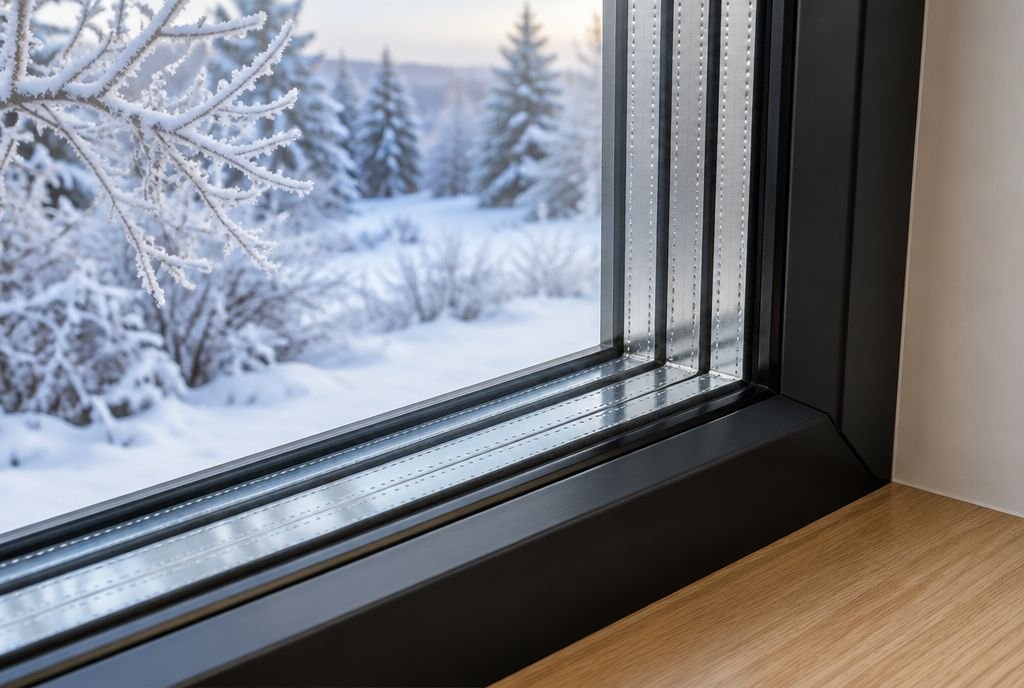 A modern triple-pane window corner with frost outside and a dry interior pane
