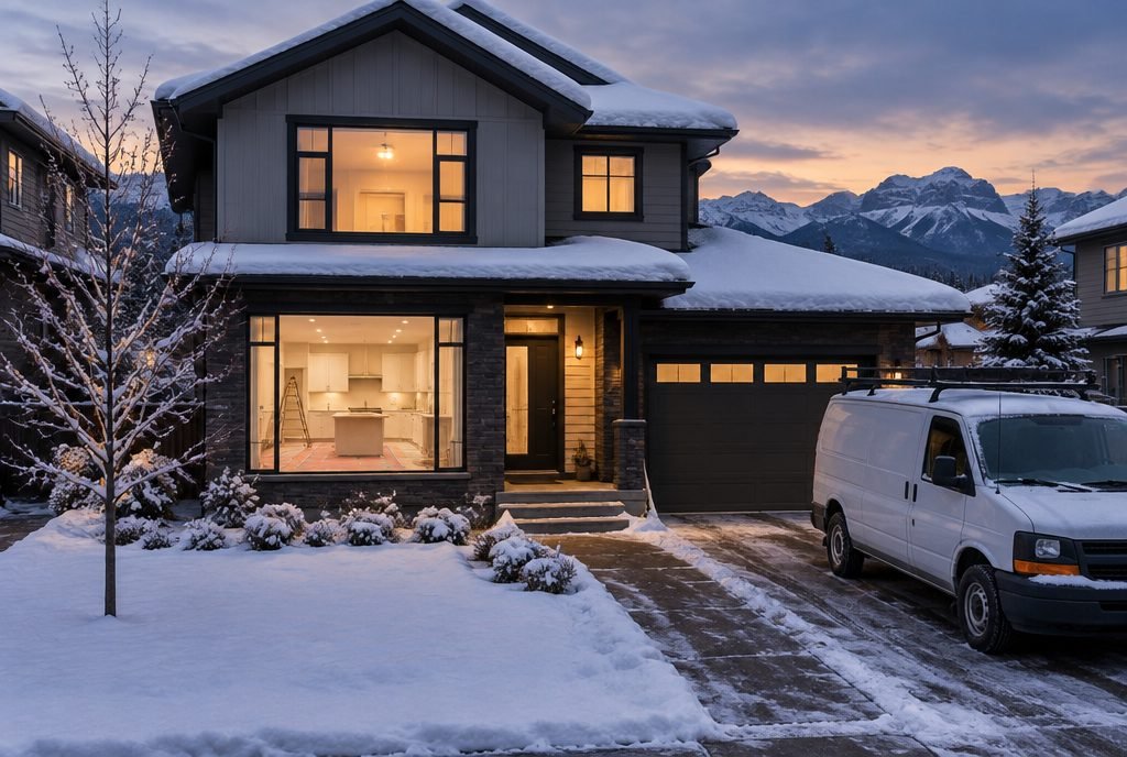 A Calgary home on a snowy evening with a kitchen renovation underway inside