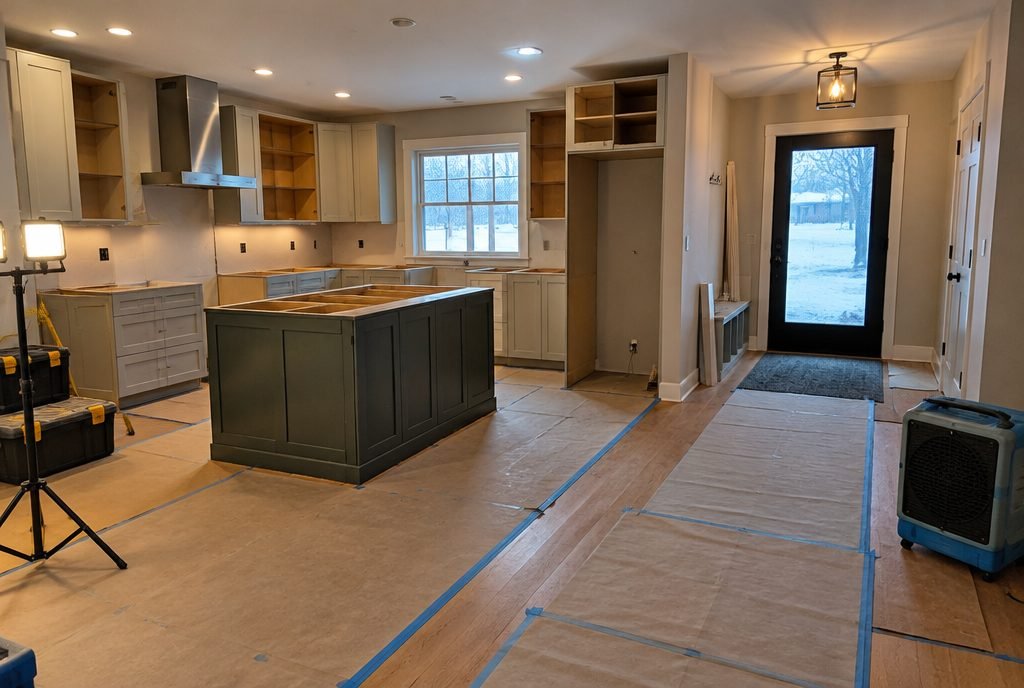 A tidy winter renovation site with protected floors, work lights and an air scrubber