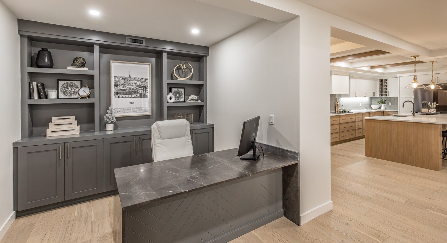 Design office with custom built-ins at the Kay2 Showroom