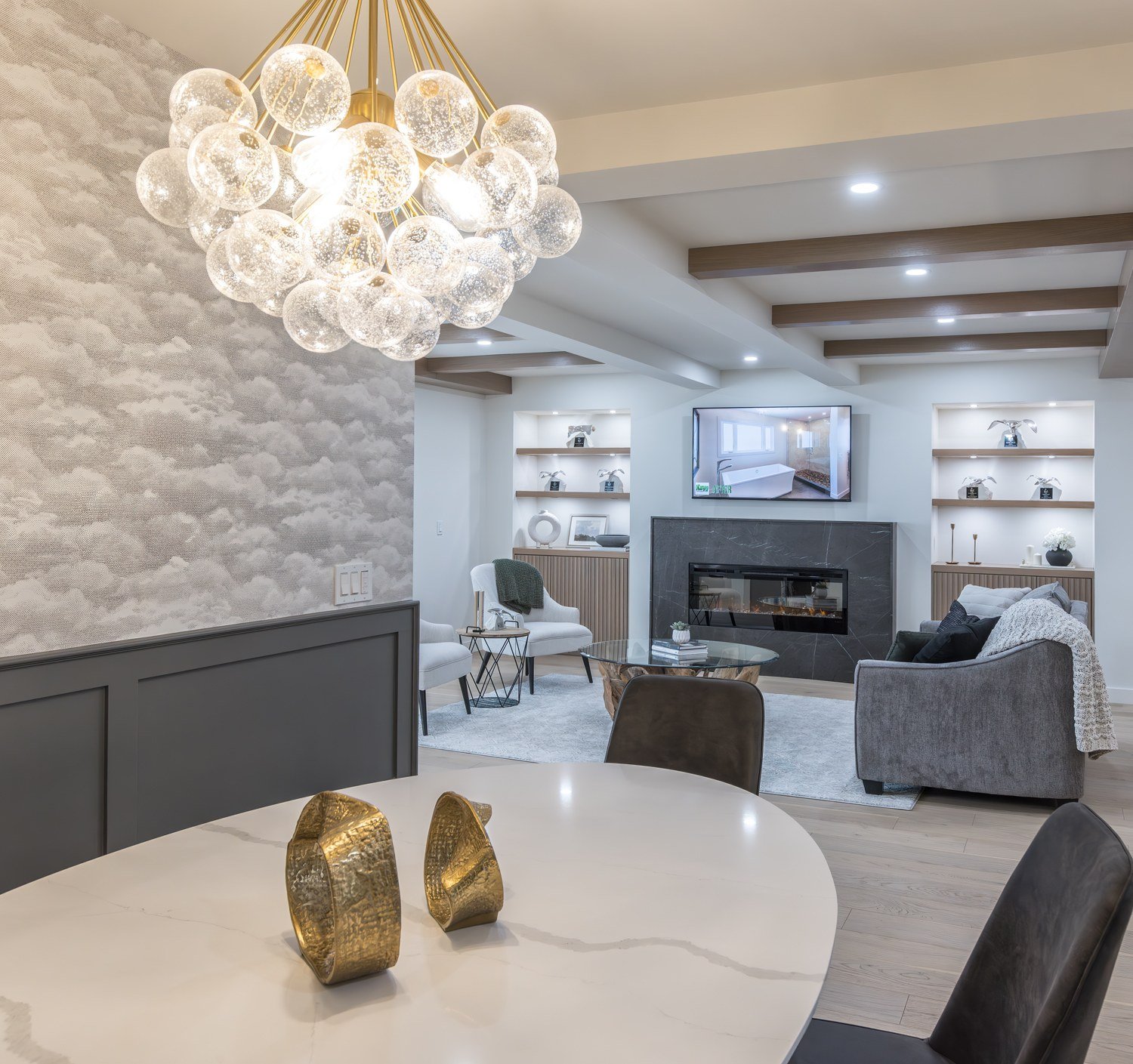 Dining area with statement chandelier