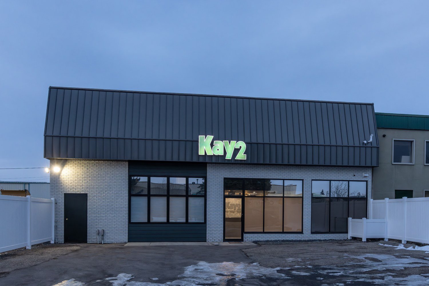 The Kay2 Showroom and Design Centre at dusk, 3336 47 Ave SE, Calgary